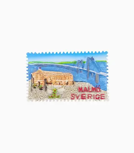 Malmö, Sweden 3D fridge magnet, featuring cityscape with bridges and architectural landmarks