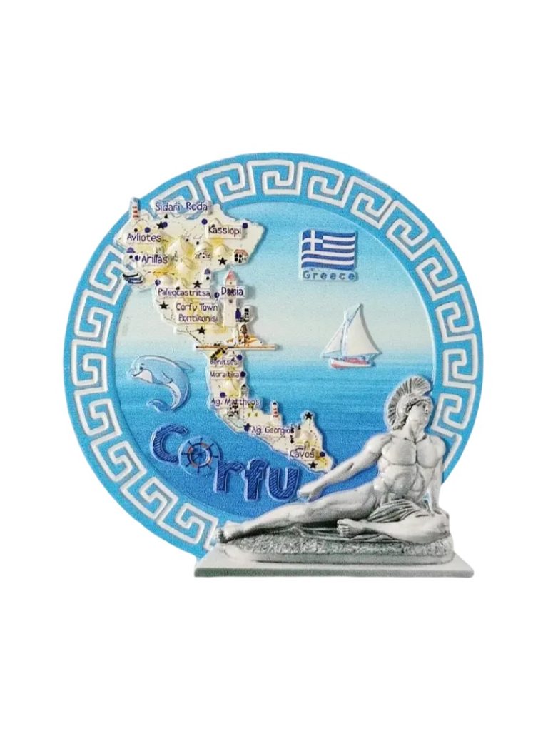 corfu greece fridge magnet island map & ancient statue design travel souvenir for fridge or locker