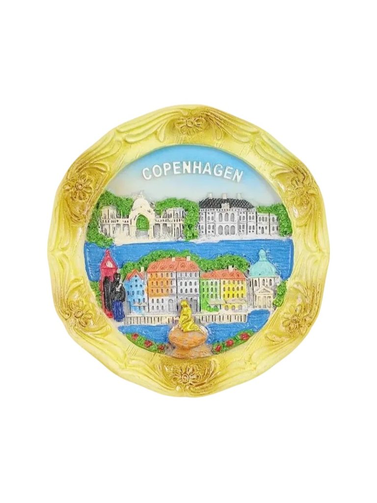 copenhagen denmark fridge magnet – golden frame souvenir with mermaid & nyhavn (1)