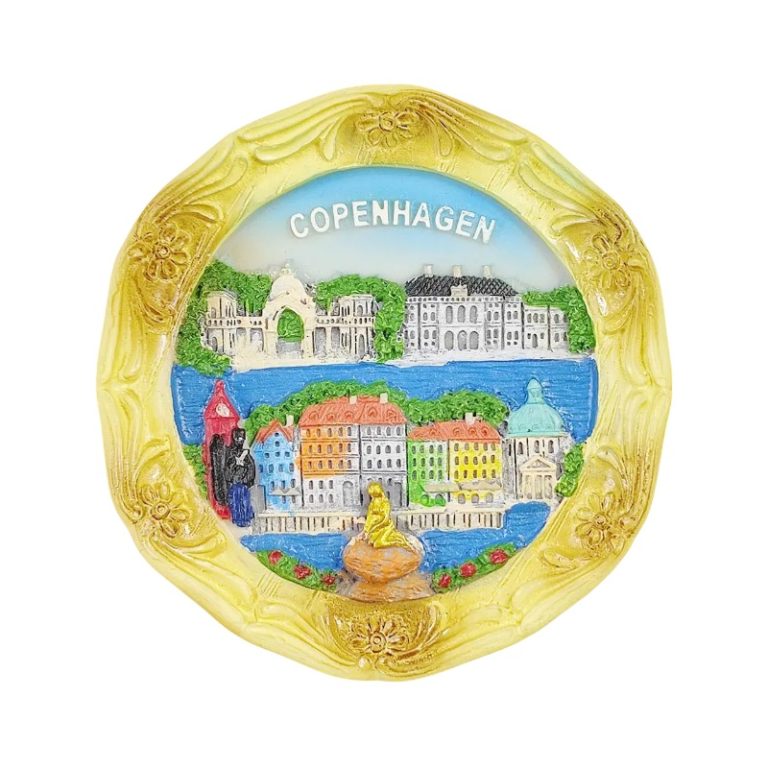 copenhagen denmark fridge magnet – golden frame souvenir with mermaid & nyhavn