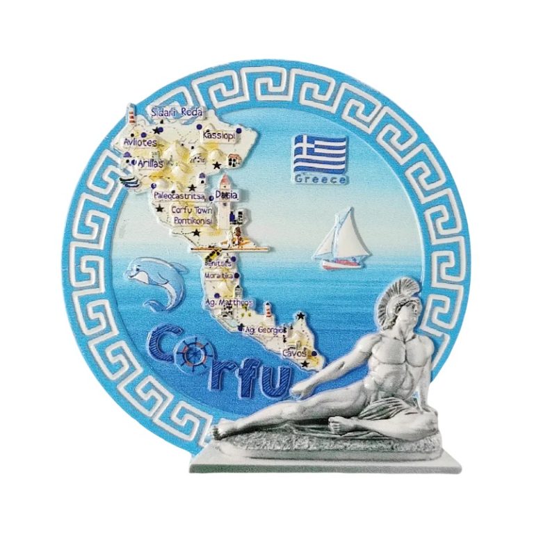 corfu greece fridge magnet island map & ancient statue design travel souvenir for fridge or locker