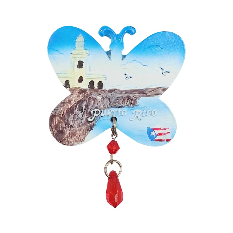 puerto rico souvenir fridge magnet – butterfly shape with hanging red crystal