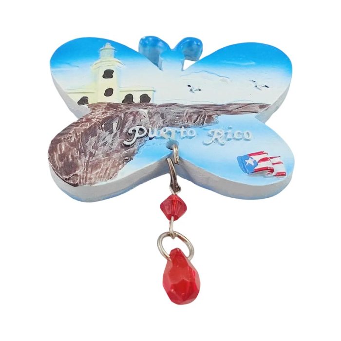 puerto rico souvenir fridge magnet – butterfly shape with hanging red crystal