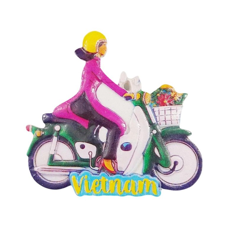 vietnam fridge magnet – traditional dress & scooter scene – unique souvenir