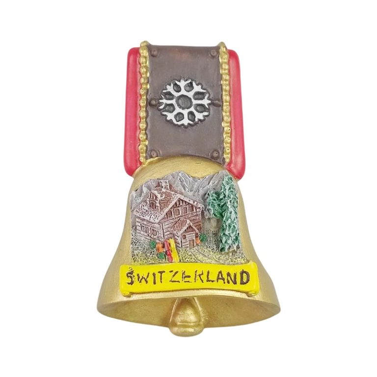 switzerland fridge magnet – alpine cow bell design with chalet & mountain scene, travel souvenir gift & fridge décor