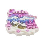fridge magnet from canada – snow cottage landscape with pink trees & maple leaves, canadian souvenir gift