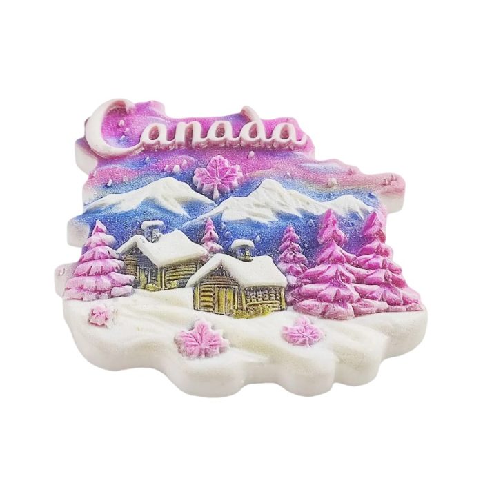 fridge magnet from canada – snow cottage landscape with pink trees & maple leaves, canadian souvenir gift