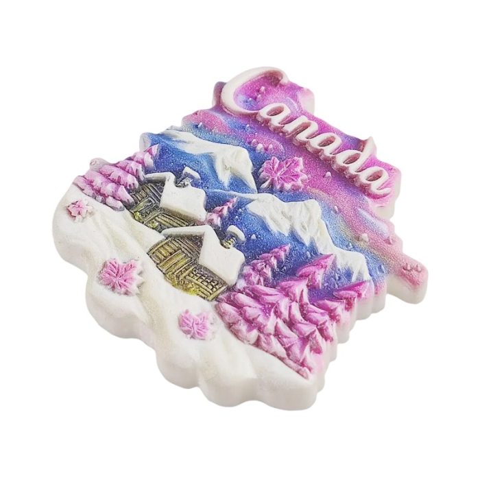 fridge magnet from canada – snow cottage landscape with pink trees & maple leaves, canadian souvenir gift