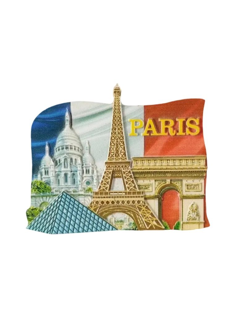 paris france fridge magnet – eiffel tower & arc de triomphe with french flag, iconic travel souvenir (1)