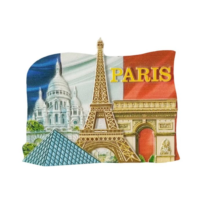 paris france fridge magnet – eiffel tower & arc de triomphe with french flag, iconic travel souvenir
