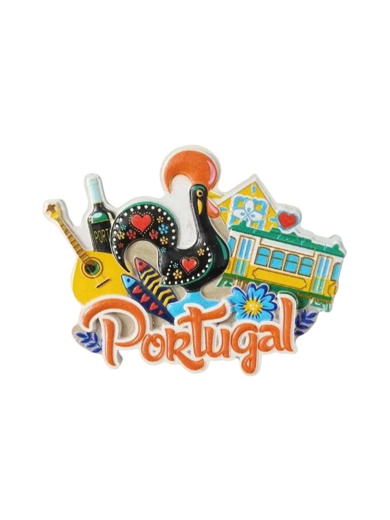 portugal fridge magnet – colorful travel souvenir with rooster, tram & sardine design (1)