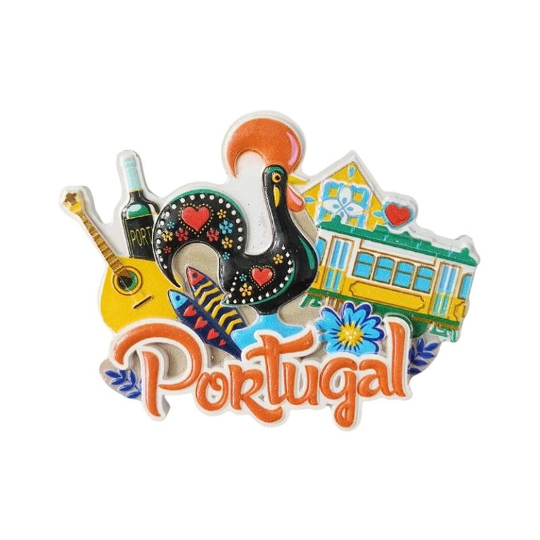 portugal fridge magnet – colorful travel souvenir with rooster, tram & sardine design