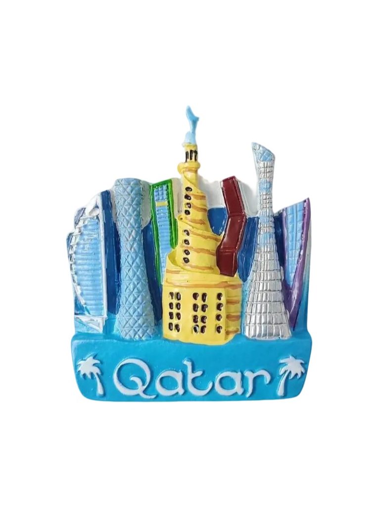 qatar fridge magnet – colorful skyline & spiral mosque souvenir, middle east travel collectible (1)