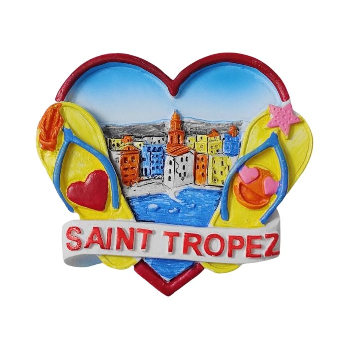 saint tropez france fridge magnet – heart shaped beach scene travel souvenir with flip flop design