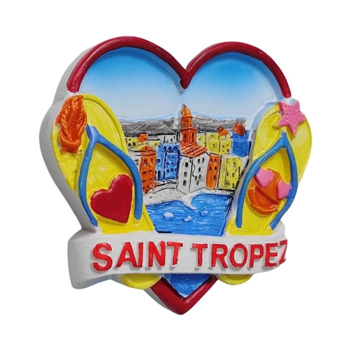saint tropez france fridge magnet – heart shaped beach scene travel souvenir with flip flop design