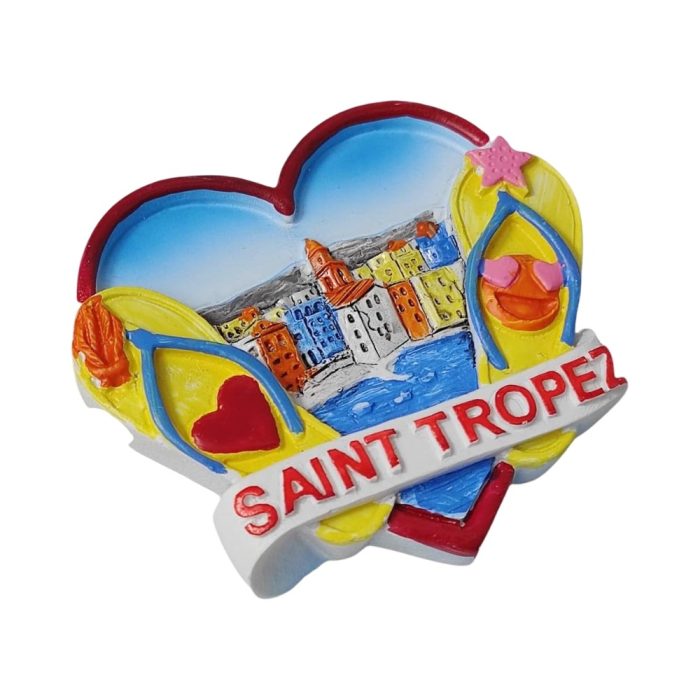 saint tropez france fridge magnet – heart shaped beach scene travel souvenir with flip flop design