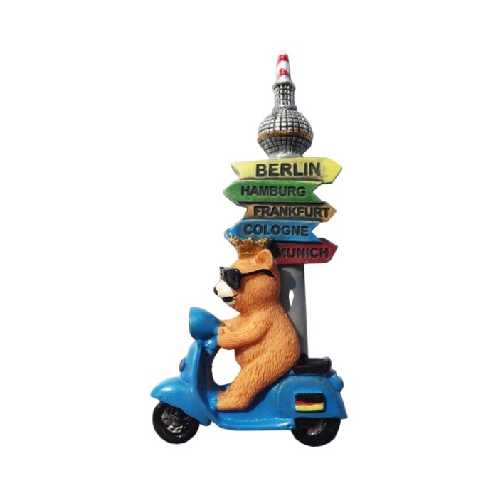 germany cities guide fridge magnet bear on scooter with berlin, hamburg, frankfurt signs – colorful souvenir & kids room decor
