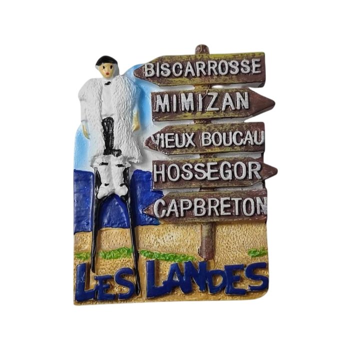 les landes france fridge magnet – signpost with stilts figure regional souvenir gift & coastal vibe decor
