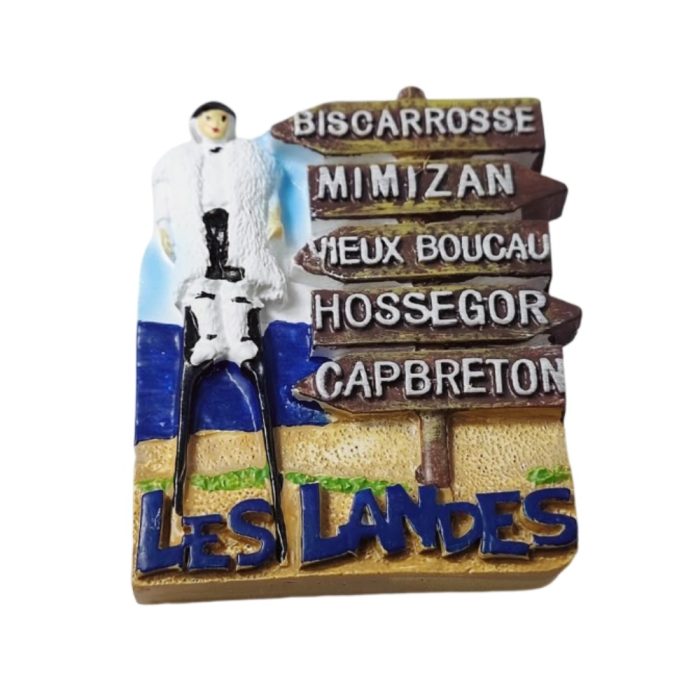 les landes france fridge magnet – signpost with stilts figure regional souvenir gift & coastal vibe decor