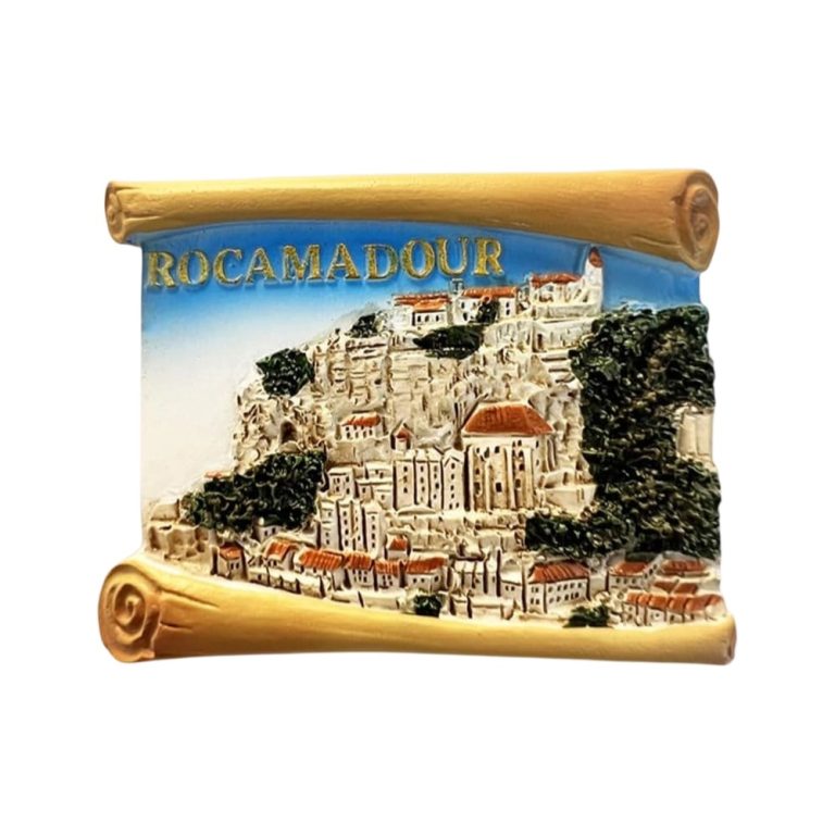 rocamadour france fridge magnet – cliffside village scroll design souvenir & pilgrimage landmark decor