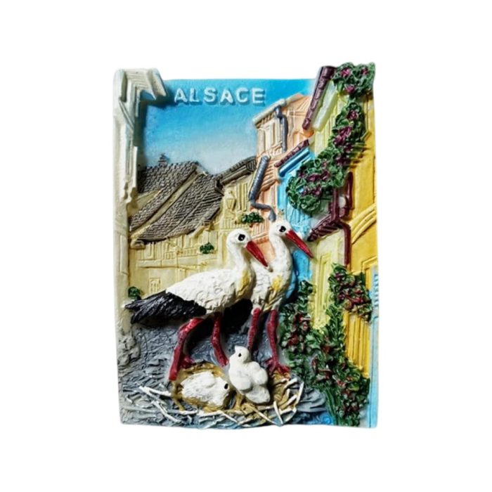 alsace france fridge magnet – storks in village scene travel souvenir & traditional countryside decor