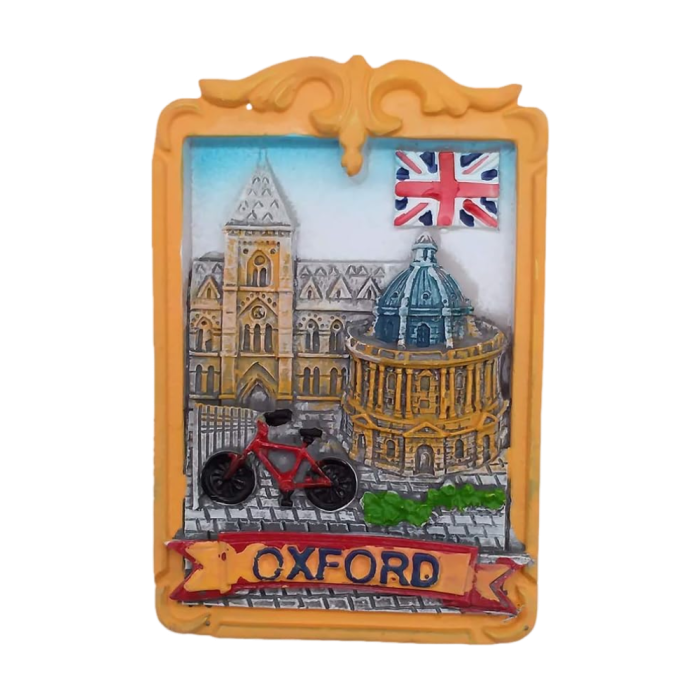 oxford uk fridge magnet – classic british university landmark with bicycle & union jack, educational souvenir & academic décor