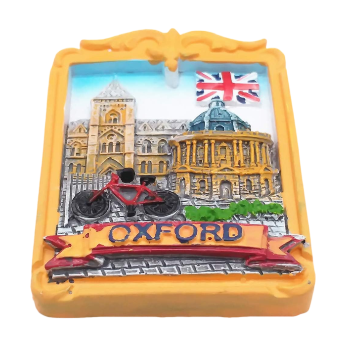 oxford uk fridge magnet – classic british university landmark with bicycle & union jack, educational souvenir & academic décor