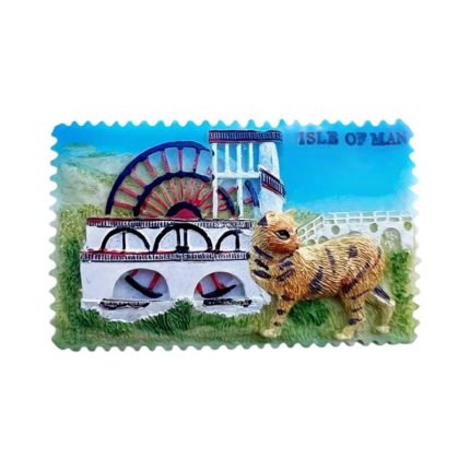 isle of man uk fridge magnet waterwheel & cat stamp style souvenir gift & scenic décor