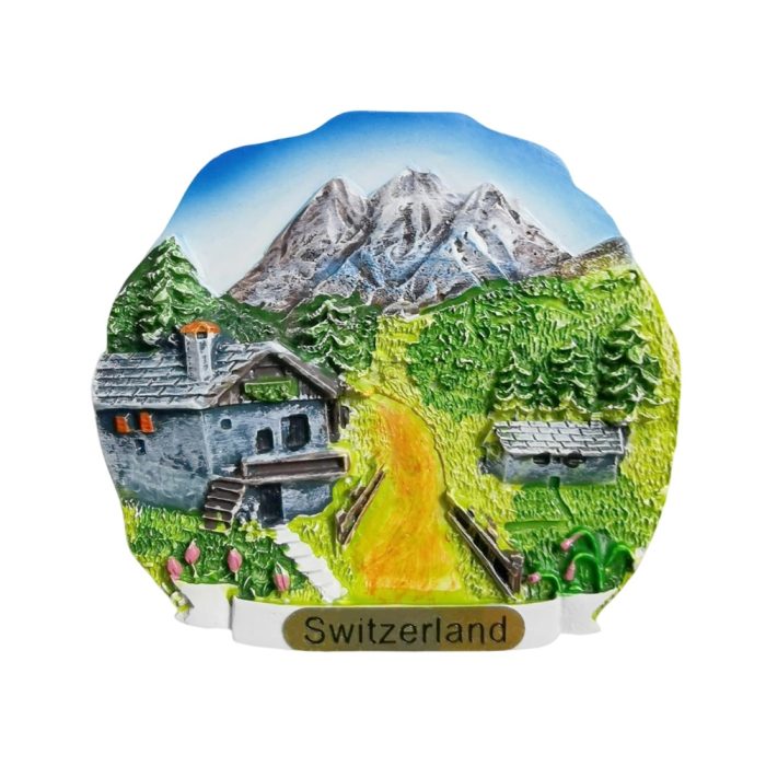 alpine mountain house switzerland fridge magnet – scenic landscape travel souvenir & nature inspired decor