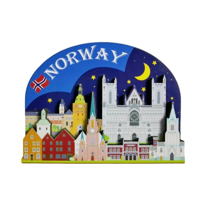 norway city skyline fridge magnet – colorful nordic landmark souvenir & starry night decor