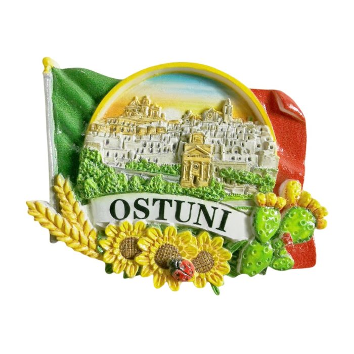 ostuni italy fridge magnet – white city with flag and sunflower design for italian travel souvenir & colorful decor