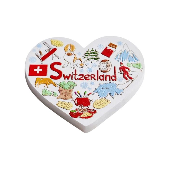 heart shaped switzerland icons fridge magnet – cute swiss culture collage travel souvenir for gift & decor