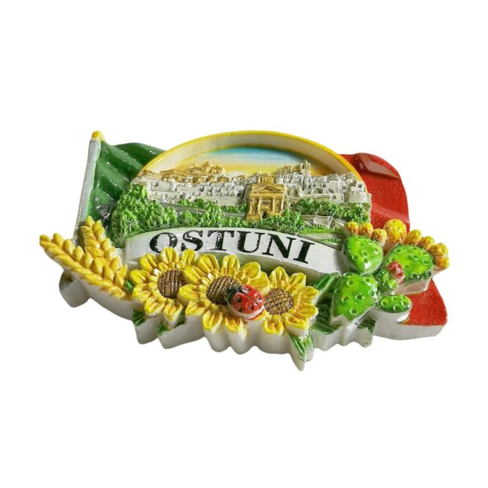 ostuni italy fridge magnet – white city with flag and sunflower design for italian travel souvenir & colorful decor