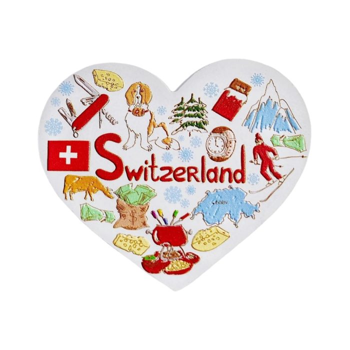 heart shaped switzerland icons fridge magnet – cute swiss culture collage travel souvenir for gift & decor