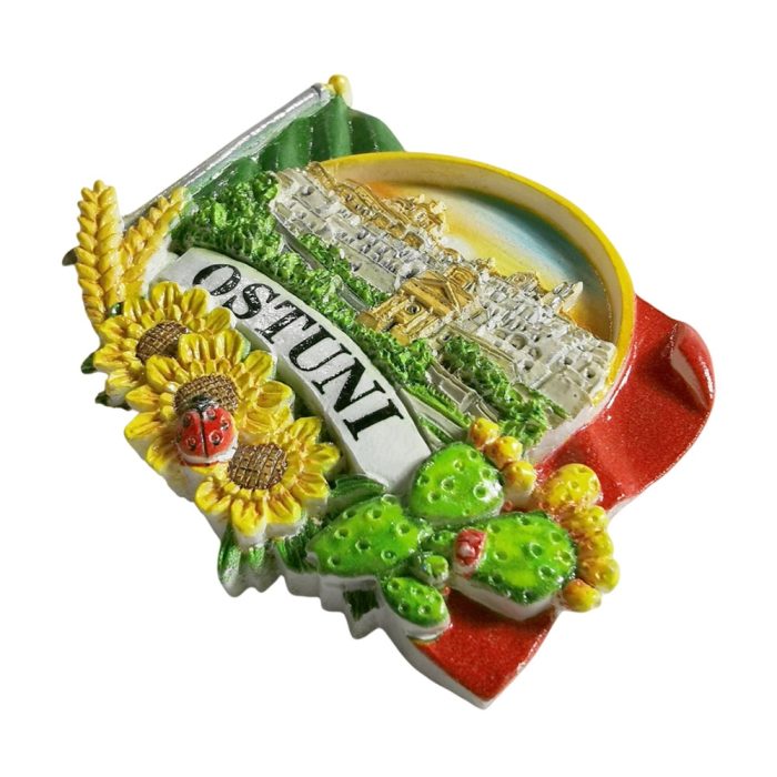 ostuni italy fridge magnet – white city with flag and sunflower design for italian travel souvenir & colorful decor
