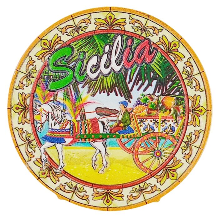 sicilia traditional fridge magnet horse cart & palm design – italian island keepsake & mediterranean decor
