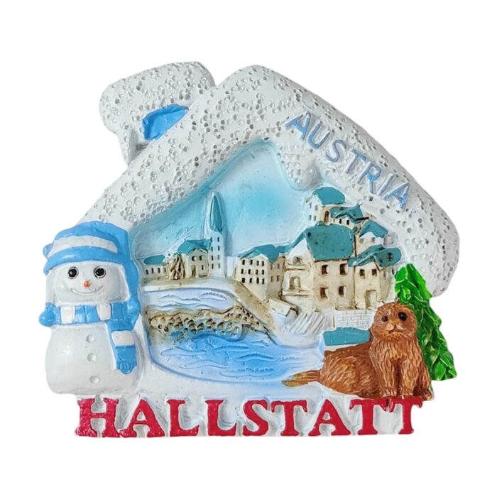 hallstatt austria snowy village fridge magnets – winter travel souvenir & cute snowman decor