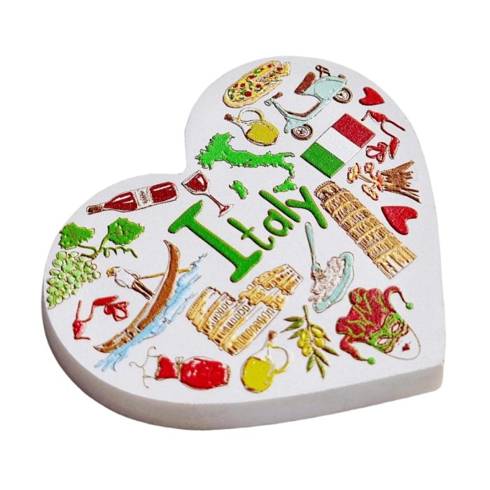 italy symbols heart shaped fridge magnet – fun italian culture collage for travel gift & refrigerator art