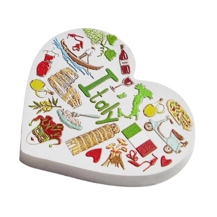 italy symbols heart shaped fridge magnet – fun italian culture collage for travel gift & refrigerator art