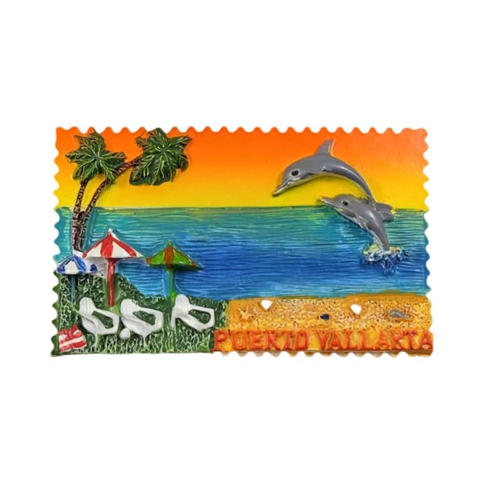 3d puerto vallarta dolphin fridge magnets mexican coastal scene with palm trees & sunset decor
