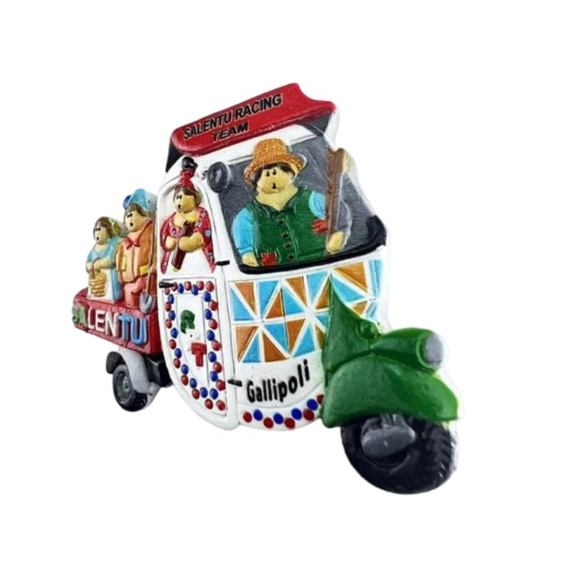 gallipoli italy fridge magnet – salentu racing team ape truck with figurines – playful italian souvenir & family decor keepsake
