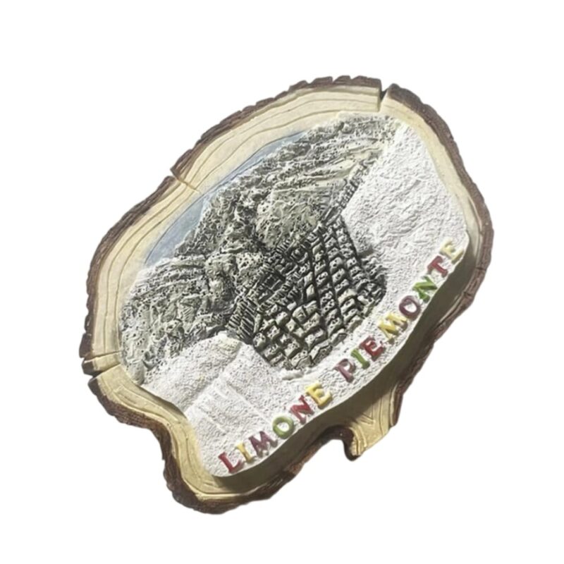 limone piemonte italy fridge magnet – alpine mountain town scene on wood slice – rustic travel gift & northern italy nature decor