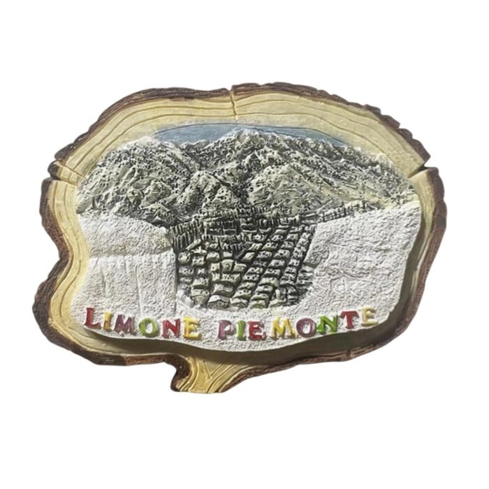 limone piemonte italy fridge magnet – alpine mountain town scene on wood slice – rustic travel gift & northern italy nature decor