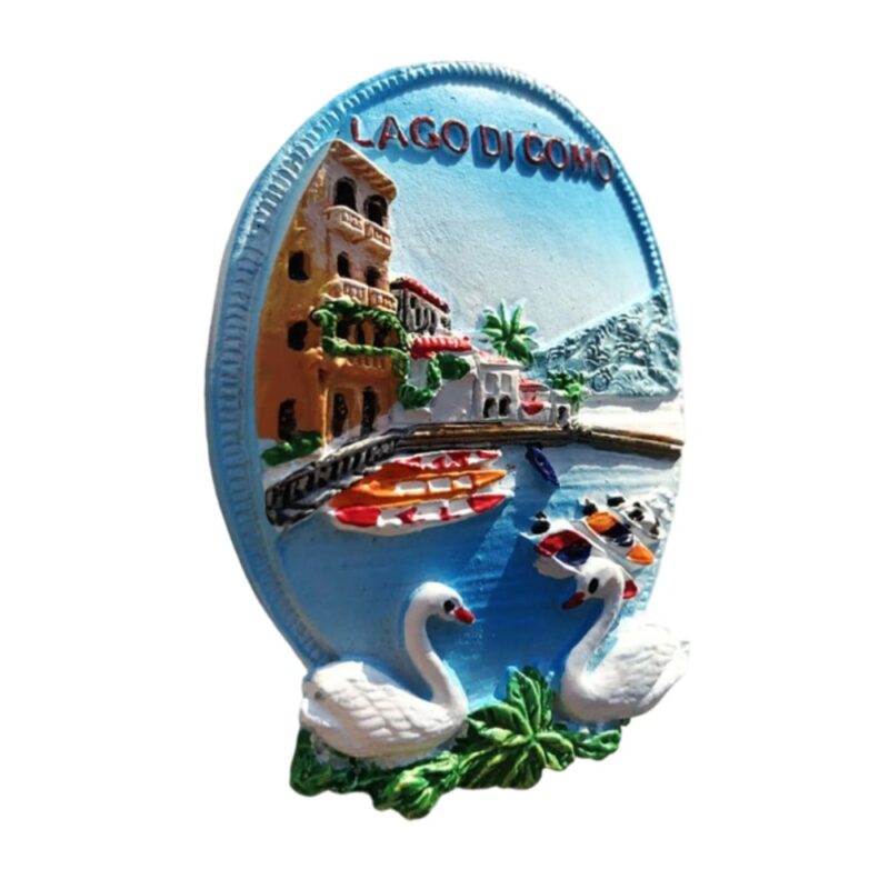 lake como italy fridge magnet – colorful lakefront village with swans – romantic lakeside retreat souvenir & charming memo decor