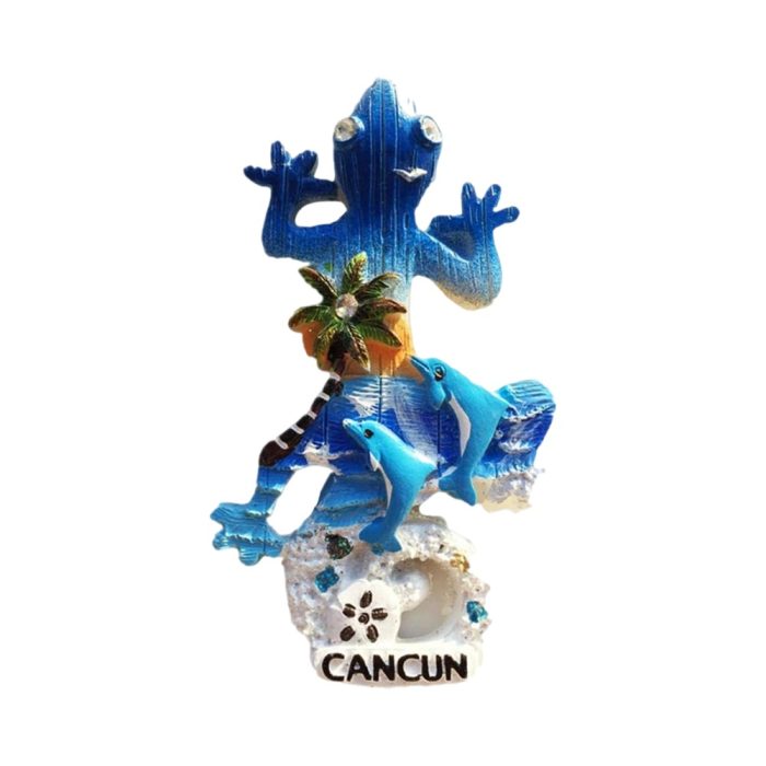 vibrant gecko & dolphins fridge magnet cancun mexico beach theme with palm tree & shell base