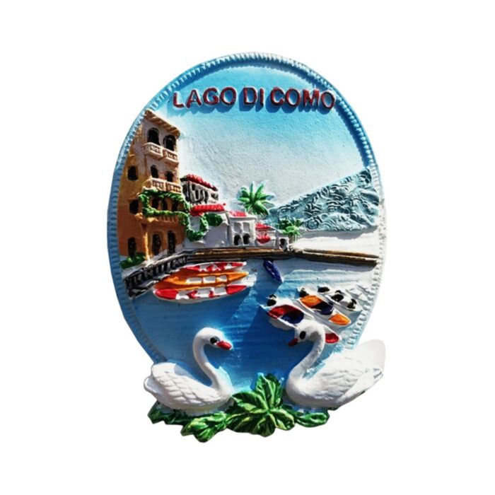 lake como italy fridge magnet – colorful lakefront village with swans – romantic lakeside retreat souvenir & charming memo decor