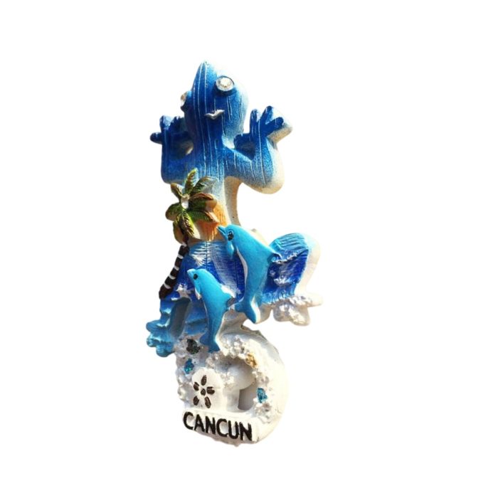 vibrant gecko & dolphins fridge magnet cancun mexico beach theme with palm tree & shell base