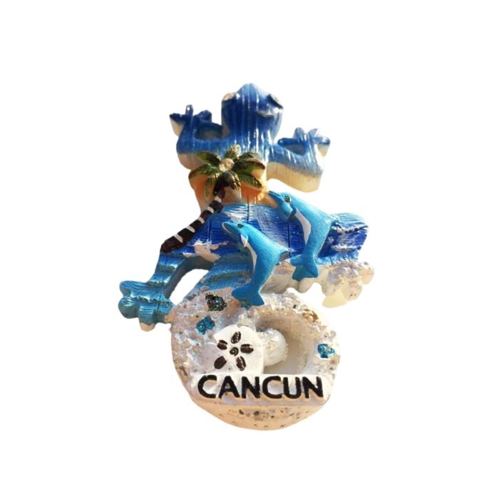 vibrant gecko & dolphins fridge magnet cancun mexico beach theme with palm tree & shell base