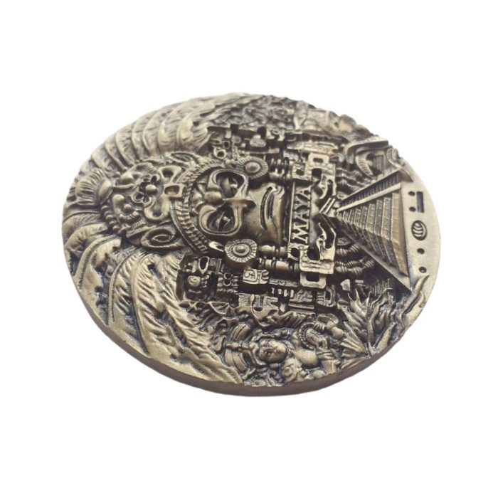 ancient maya god fridge magnet intricate metal relief coin with pyramid & hieroglyphic symbols