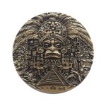 ancient maya god fridge magnet intricate metal relief coin with pyramid & hieroglyphic symbols